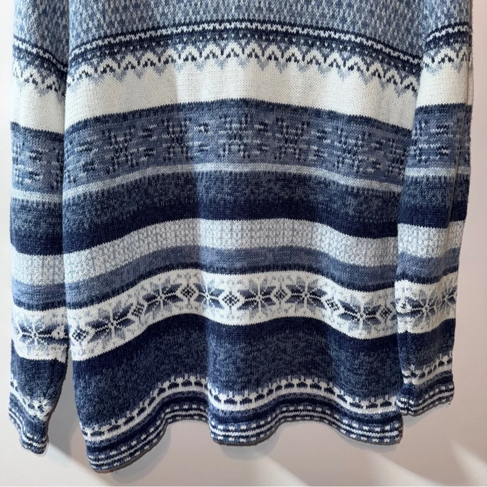 Vintage Fair Isle Full Zip Cardigan Sweater Snowflake Beaded Blue Ramie Medium